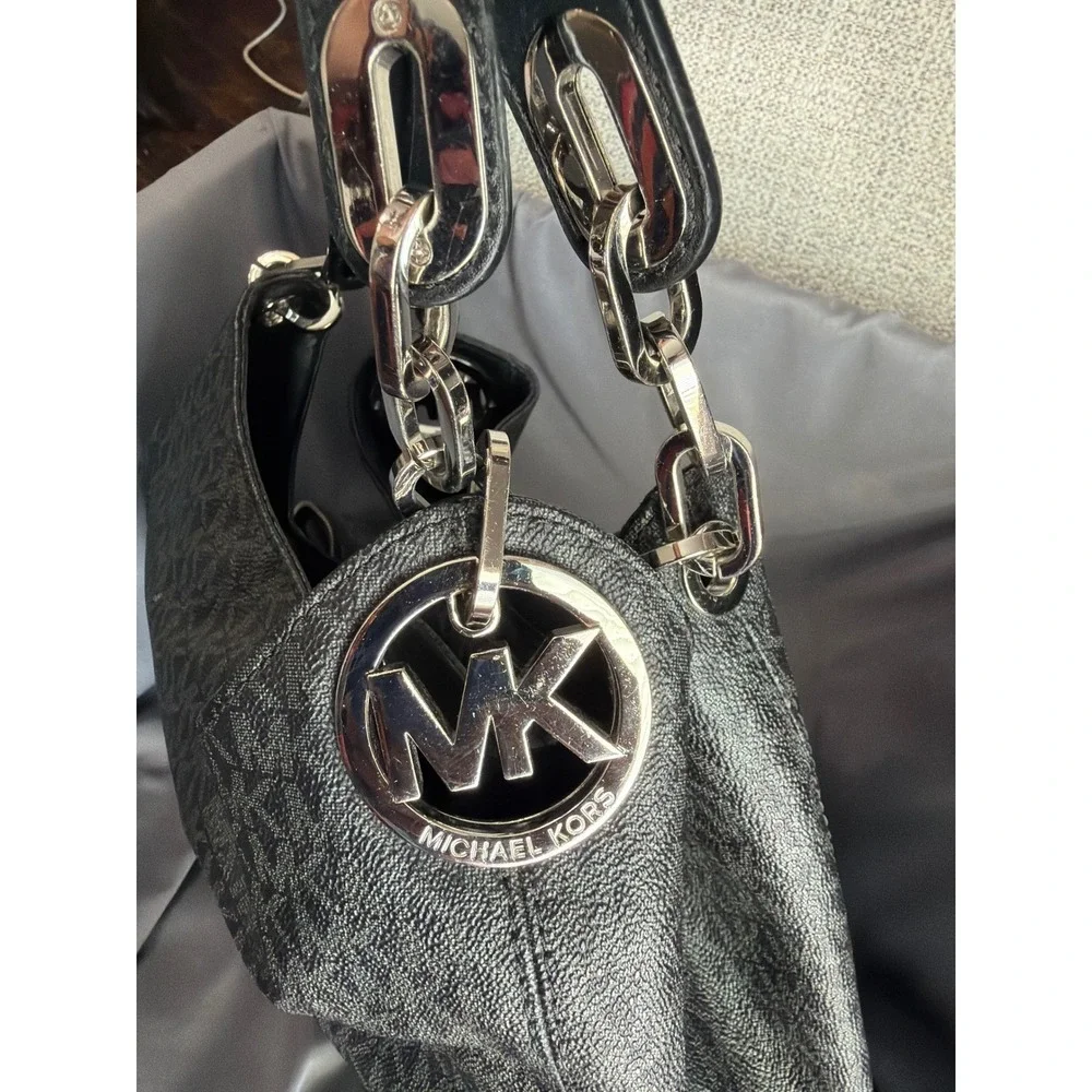 Michael Kors Fulton Hobo Bag Black Signature Logo Canvas Silver Chain Large